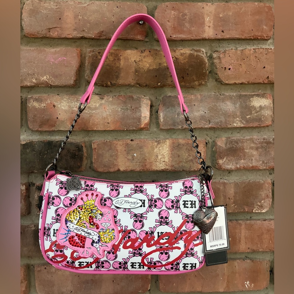 Ed Hardy Pink & White Skull-Print Shoulder Bag